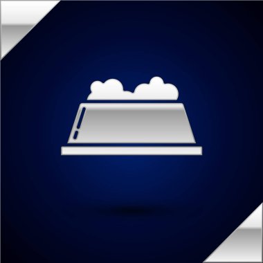 Koyu mavi arka plan üzerinde izole kedi veya köpek simgesi için Gümüş Pet gıda kase. Köpek ya da kedi pençesi izi. Vektör İllüstrasyonu