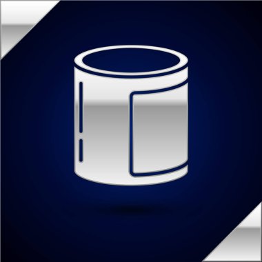 Gümüş renkli konserve ikonu koyu mavi arka planda izole edilmiş. Hayvanlar için yiyecek. Evcil hayvan yiyeceği kutusu. Vektör İllüstrasyonu