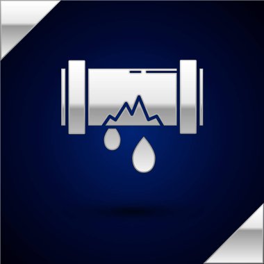 Sızdıran ikonu koyu mavi arka planda olan gümüş rengi kırık metal boru. Vektör İllüstrasyonu