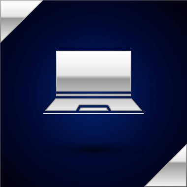 Koyu mavi arkaplanda gümüş dizüstü bilgisayar simgesi izole edildi. Boş ekran işaretli bilgisayar defteri. Vektör İllüstrasyonu