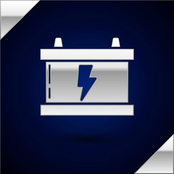 Silver Car battery icon isolated on dark blue background. Accumulator battery energy power and electricity accumulator battery. Lightning bolt. Vector Illustration — Stock Vector