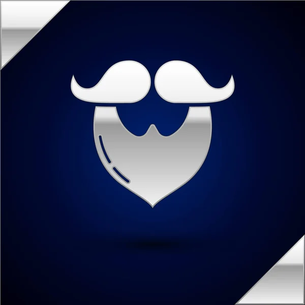 Icono de bigote y barba plateado aislado sobre fondo azul oscuro. Símbolo de barbería. Estilo de pelo facial. Ilustración vectorial — Vector de stock