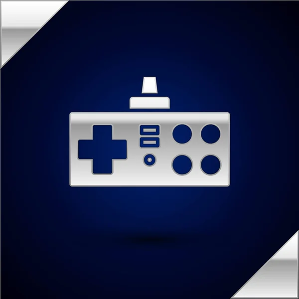 Icona Gamepad argento isolata su sfondo blu scuro. Controllore di gioco. Illustrazione vettoriale — Vettoriale Stock