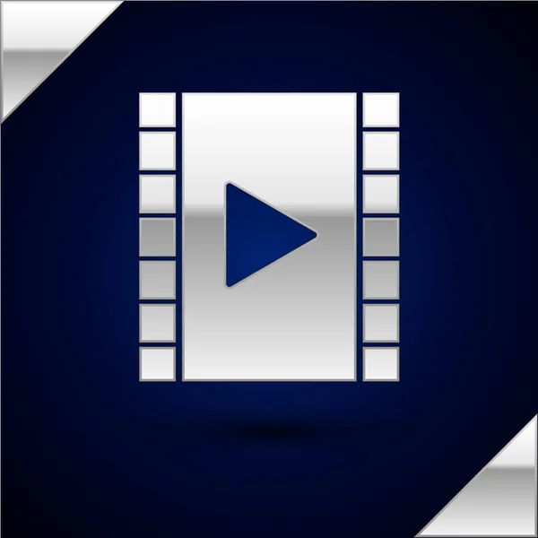 Silver Play Video ikon elszigetelt sötétkék háttérrel. Filmszalag játéktáblával. Vektorillusztráció — Stock Vector