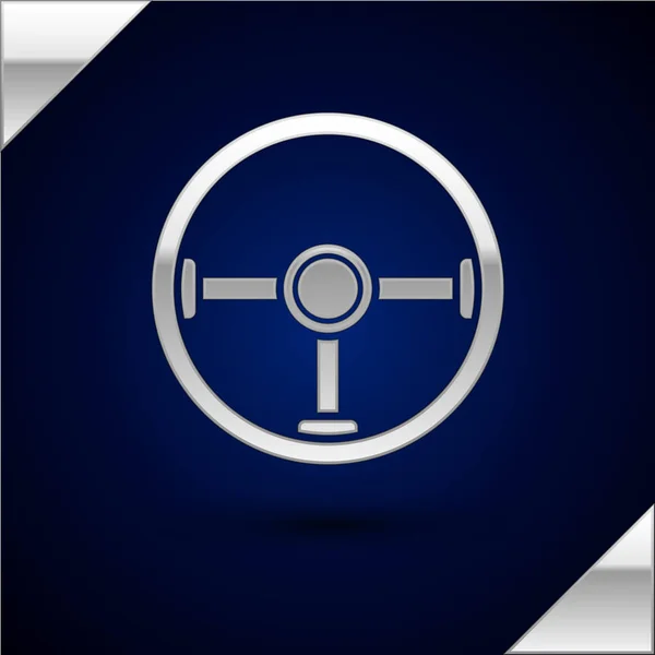 Icono de volante plateado aislado sobre fondo azul oscuro. Icono de rueda de coche. Ilustración vectorial — Archivo Imágenes Vectoriales