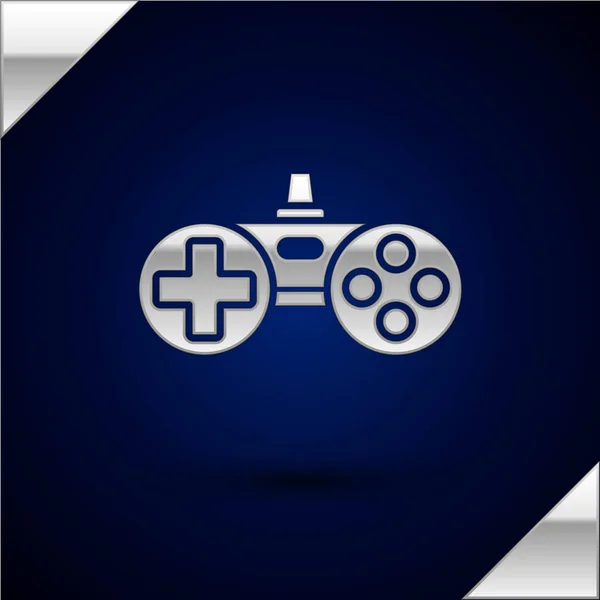 Icona Gamepad argento isolata su sfondo blu scuro. Controllore di gioco. Illustrazione vettoriale — Vettoriale Stock