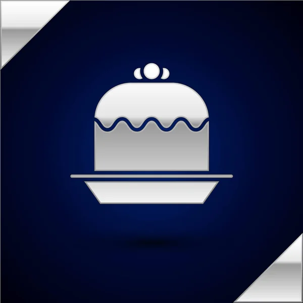Gümüş Kek simgesi koyu mavi arka plan üzerinde izole. Doğum günün kutlu olsun. Vektör İllüstrasyonu — Stok Vektör