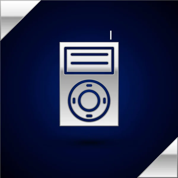 Silver Music icône de lecteur MP3 isolé sur fond bleu foncé. Dispositif de musique portable. Illustration vectorielle — Image vectorielle