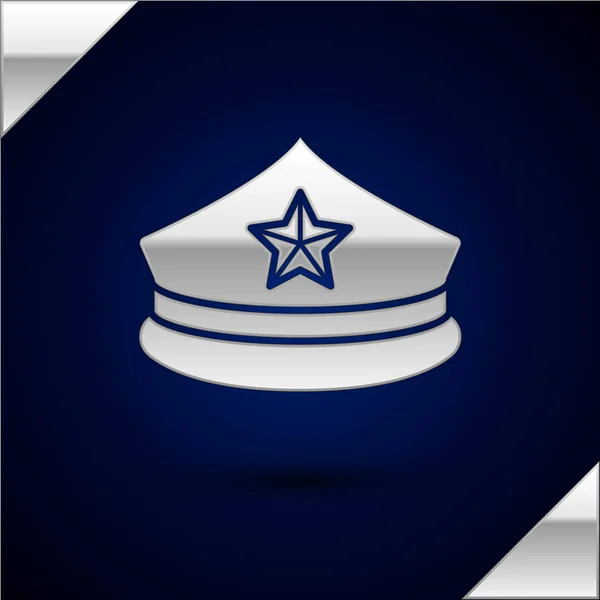 Ασημένιο καπέλο αστυνομίας με εικονίδιο cockade απομονώνονται σε σκούρο μπλε φόντο. Αστυνομική πινακίδα καπέλου. Εικονογράφηση διανύσματος — Διανυσματικό Αρχείο