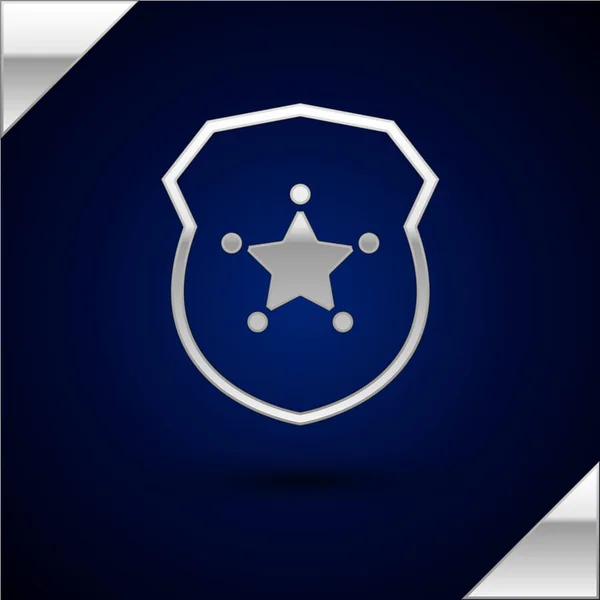 Silver Police badge icoon geïsoleerd op donkerblauwe achtergrond. Sheriff badge teken. Vector Illustratie — Stockvector