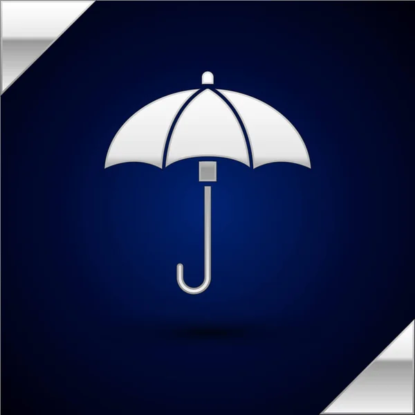 Srebrna ikona parasola odizolowana na ciemnoniebieskim tle. Wodoodporna ikona. Ochrona, bezpieczeństwo, koncepcja bezpieczeństwa. Symbol wodoodporny. Ilustracja wektora — Wektor stockowy