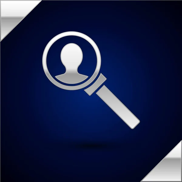 Silver Magnifying glass for search icon isolated on dark blue background. Recruitment or selection concept. Search for employees and job. Vector Illustration — Stock Vector