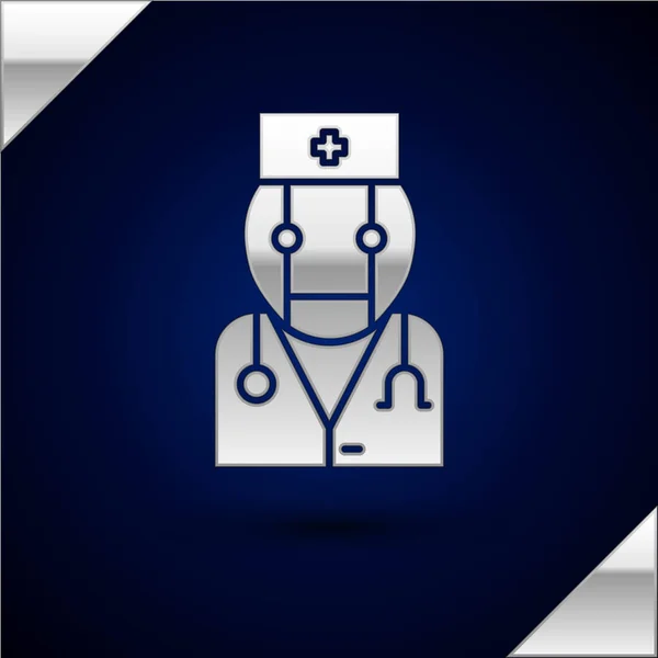 Icono médico Robot plateado aislado sobre fondo azul oscuro. Consulta médica online silueta robótica inteligencia artificial. Ilustración vectorial — Archivo Imágenes Vectoriales