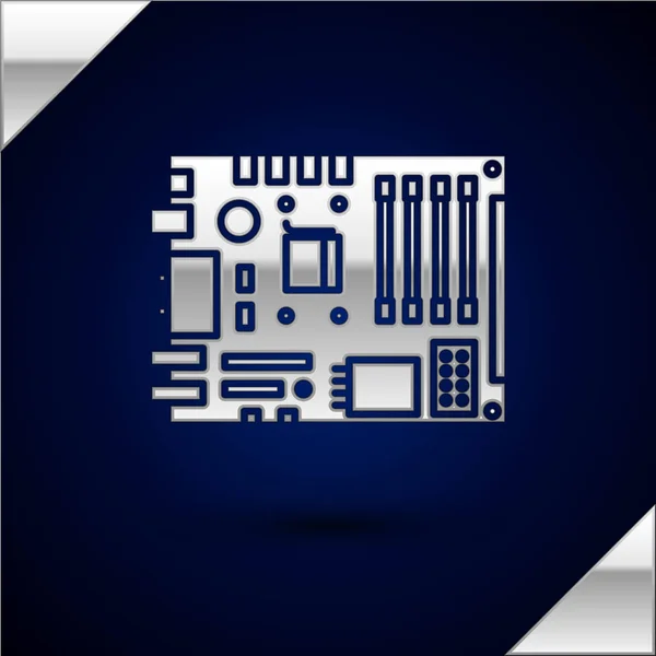 Silver Elektroniska datorkomponenter moderkort digitalt chip integrerad vetenskap ikon isolerad på mörkblå bakgrund. Kretskort. Vektor Illustration — Stock vektor