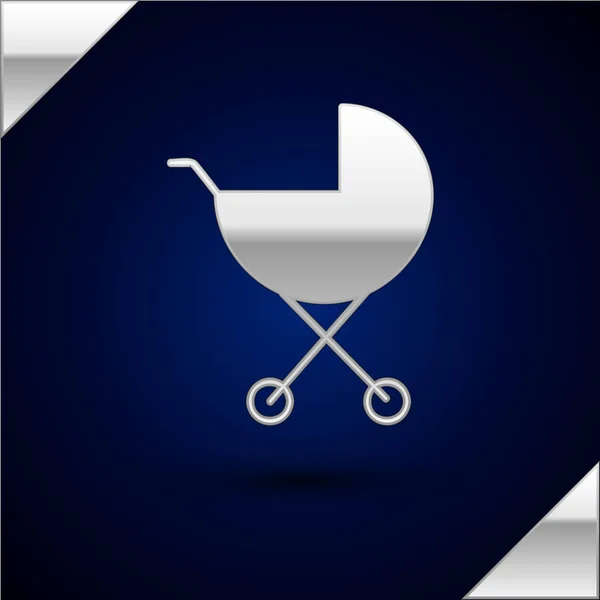 Silver Baby stroller icon isolated on dark blue background. Baby carriage, buggy, pram, stroller, wheel. Vector Illustration — Stock Vector