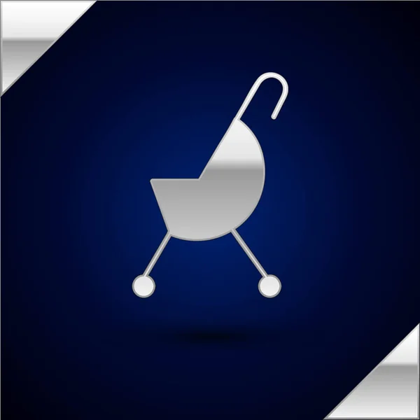 Silver Baby stroller icon isolated on dark blue background. Baby carriage, buggy, pram, stroller, wheel. Vector Illustration — Stock Vector