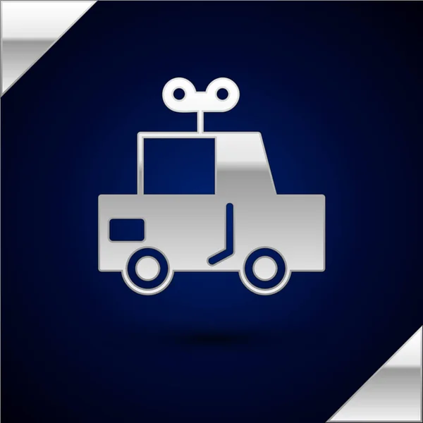 Silbernes Spielzeugauto-Symbol isoliert auf dunkelblauem Hintergrund. Vektorillustration — Stockvektor