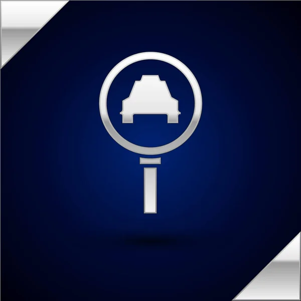 Silver Magnifying glass and taxi car icon isolated on dark blue background. Taxi search. Vector Illustration — Stock Vector
