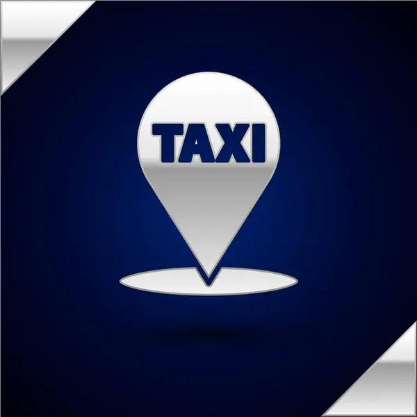 Silver Map δείκτης με ταξί εικονίδιο απομονώνονται σε σκούρο μπλε φόντο. Σύμβολο θέσης. Εικονογράφηση διανύσματος — Διανυσματικό Αρχείο