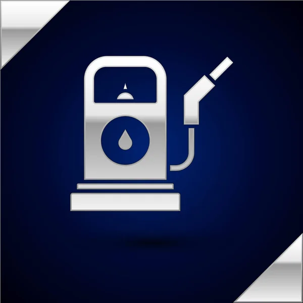 Silver Petrol or Gas station icon isolated on dark blue background. Car fuel symbol. Gasoline pump. Vector Illustration — Stock Vector