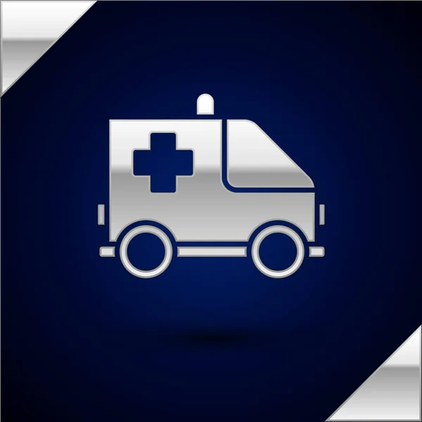 Icono de coche de emergencia y ambulancia plateada aislado sobre fondo azul oscuro. Evacuación médica de vehículos de ambulancia. Ilustración vectorial — Vector de stock