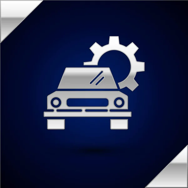 Silver Car υπηρεσία εικονίδιο απομονώνονται σε σκούρο μπλε φόντο. Αυτόματη μηχανική υπηρεσία. Επισκευή υπηρεσία auto μηχανικός. Πινακίδα συντήρησης. Εικονογράφηση διανύσματος — Διανυσματικό Αρχείο