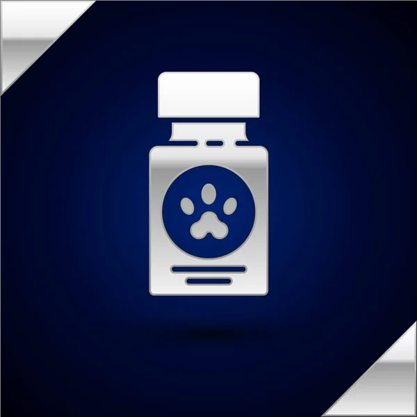 Flacon de médicament pour chien en argent et icône de pilules isolé sur fond bleu foncé. Conteneur avec pilules. Médicaments sur ordonnance pour animaux. Illustration vectorielle — Image vectorielle
