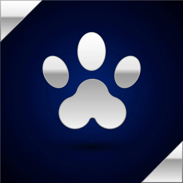 Silbernes Pfotendruck-Symbol auf dunkelblauem Hintergrund. Pfotenabdruck für Hund oder Katze. Tierspur. Vektorillustration — Stockvektor
