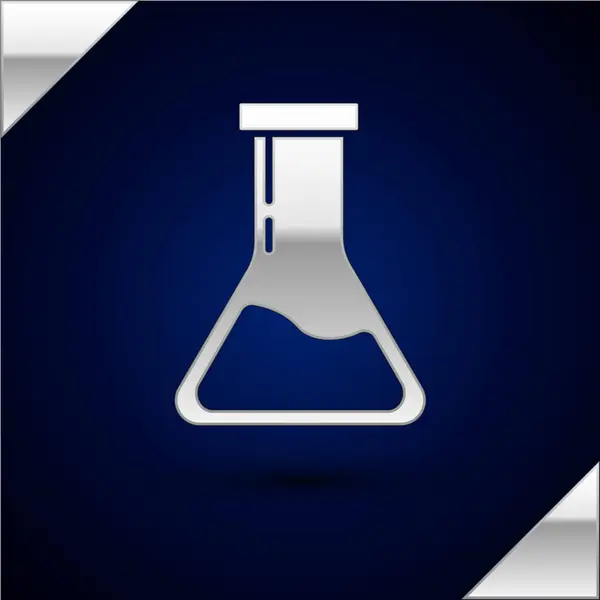 Tubo de ensayo de plata y frasco - icono de prueba de laboratorio químico aislado sobre fondo azul oscuro. Signo de cristalería del laboratorio. Ilustración vectorial — Vector de stock