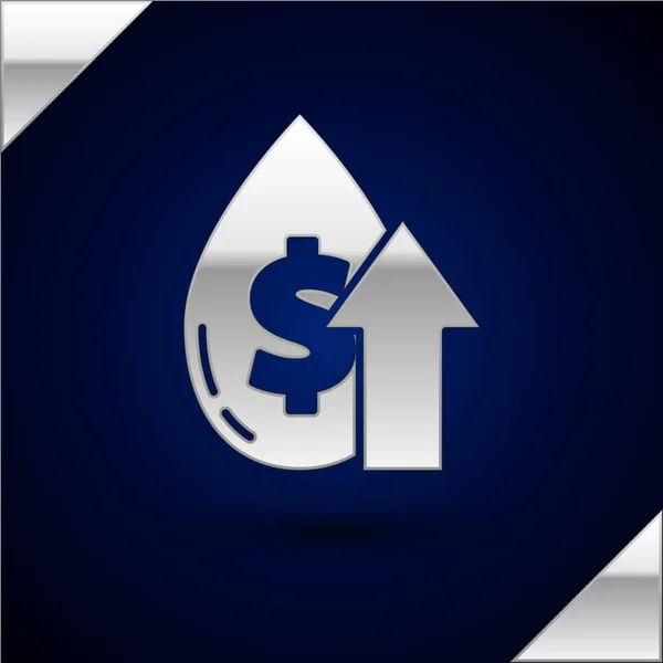 Silver Oil prisökning ikon isolerad på mörkblå bakgrund. Kriskoncept för oljeindustrin. Vektor Illustration — Stock vektor