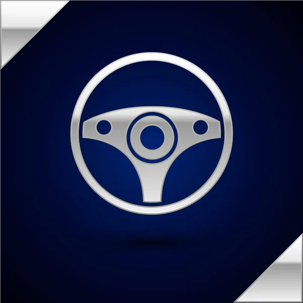 Srebrna ikona koła kierownicy izolowana na ciemnoniebieskim tle. Ikona koła samochodu. Ilustracja wektora — Wektor stockowy
