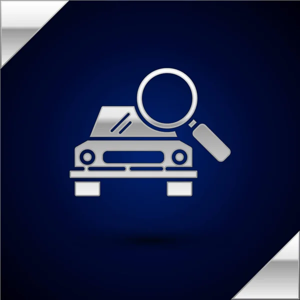 Silver Car search icon isolated on dark blue background. Magnifying glass with car. Vector Illustration — Stock Vector