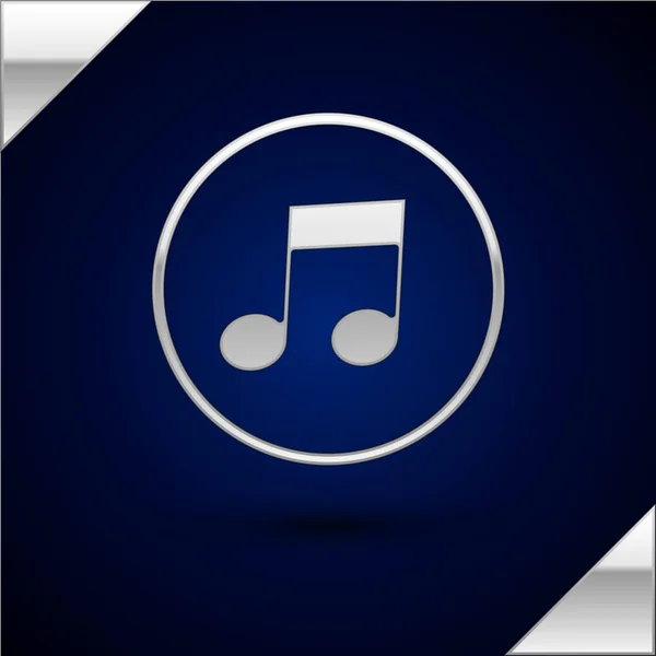 Zilveren Muzieknoot, toon icoon geïsoleerd op donkerblauwe achtergrond. Vector Illustratie — Stockvector