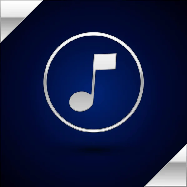 Zilveren Muzieknoot, toon icoon geïsoleerd op donkerblauwe achtergrond. Vector Illustratie — Stockvector