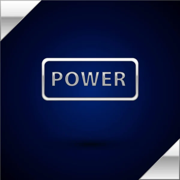 Icono de botón de encendido de plata aislado sobre fondo azul oscuro. Firma inicial. Ilustración vectorial — Vector de stock