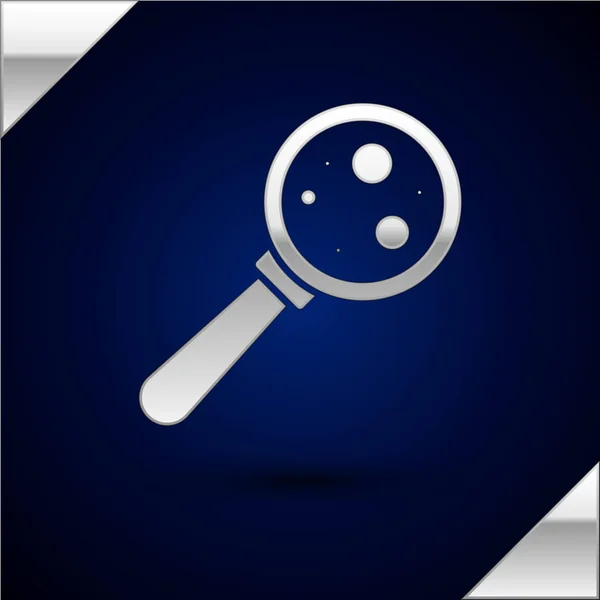 Silver Microorganisms under magnifier icon isolated on dark blue background. Bacteria and germs, cell cancer, microbe, virus, fungi. Vector Illustration — Stock Vector