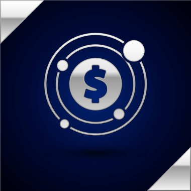 Dolar sembolü olan gümüş hedef koyu mavi arka planda izole edilmiş. Yatırım hedef simgesi. Başarılı iş konsepti. Nakit ya da para. Vektör İllüstrasyonu