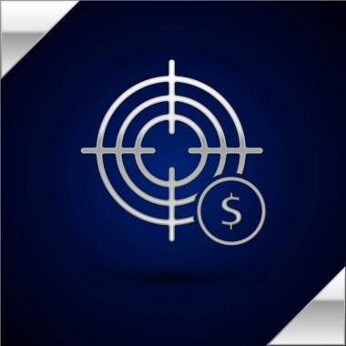 Dolar sembolü olan gümüş hedef koyu mavi arka planda izole edilmiş. Yatırım hedef simgesi. Başarılı iş konsepti. Nakit ya da para. Vektör İllüstrasyonu