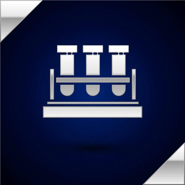Tubo de ensayo de plata y frasco icono de prueba de laboratorio químico aislado sobre fondo azul oscuro. Signo de cristalería del laboratorio. Ilustración vectorial — Vector de stock