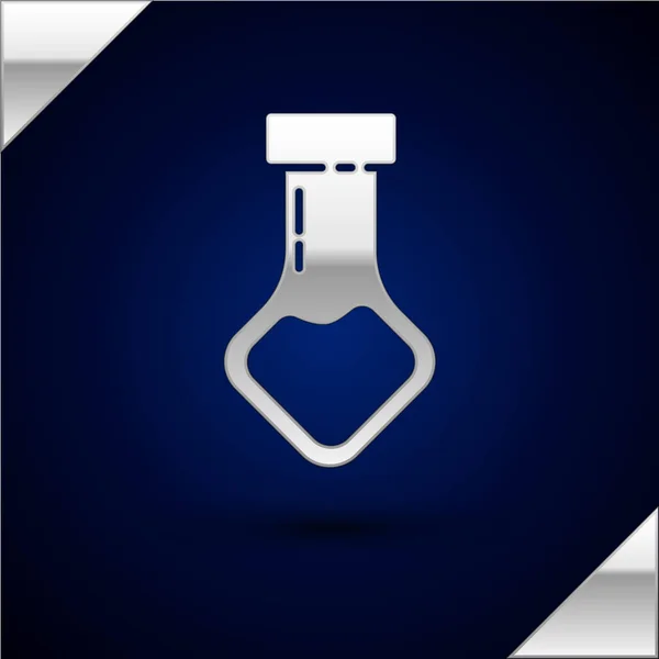 Tubo de ensayo de plata y frasco icono de prueba de laboratorio químico aislado sobre fondo azul oscuro. Signo de cristalería del laboratorio. Ilustración vectorial — Vector de stock