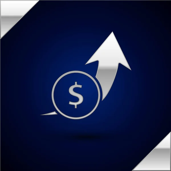 Argent Croissance financière et icône de pièce isolée sur fond bleu foncé. Augmentation des recettes. Illustration vectorielle — Image vectorielle
