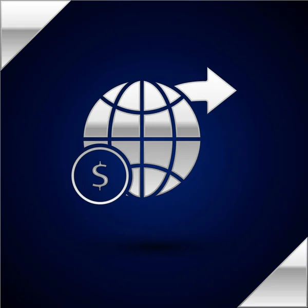 ダークブルーの背景に分離されたドル記号アイコンを持つシルバーアースグローブ。世界または地球のサイン。グローバル インターネット シンボル。幾何学的形状。ベクトルイラストレーション — ストックベクタ