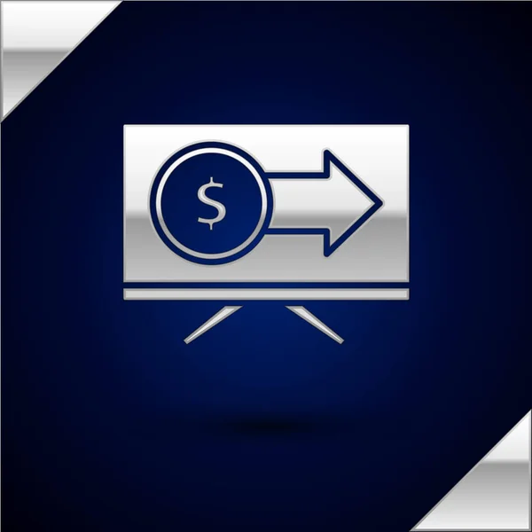 Серебряный монитор с иконкой символа доллара на темно-синем фоне. Концепция покупок онлайн. Заработки в интернете, маркетинг. Векторная миграция — стоковый вектор