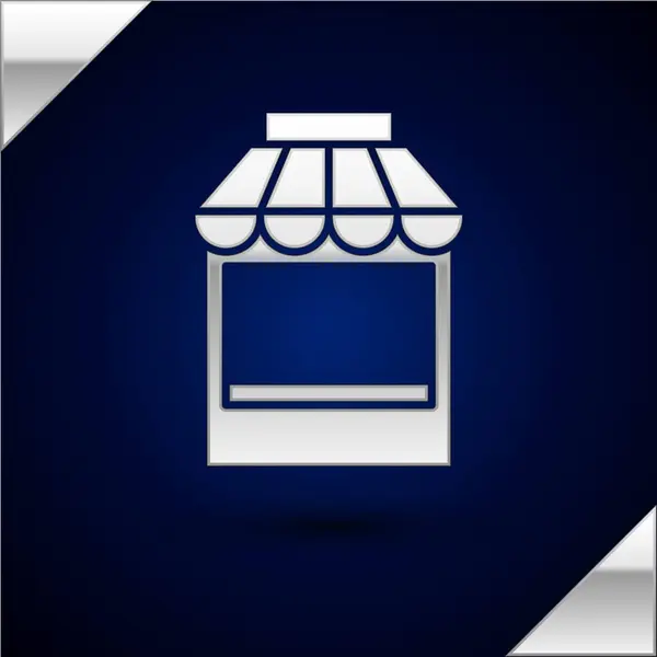 Prédio de compras de prata ou ícone de loja de mercado isolado no fundo azul escuro. Construção de loja. Ilustração vetorial — Vetor de Stock