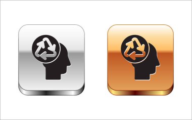 Siyah insan kafası beyaz arka planda izole edilmiş geri dönüşüm simgesine sahip. Geri dönüşüm düşüncesi. Ekoloji dostu. Gümüş-altın kare düğme. Vektör İllüstrasyonu