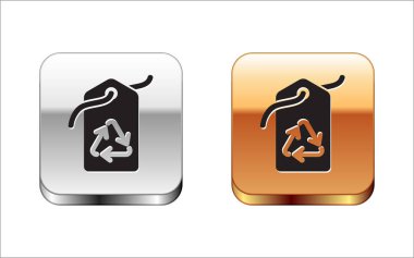 Beyaz arkaplanda izole edilmiş geri dönüşüm sembolü simgesine sahip siyah etiket. Pankart, etiket, etiket, logo, çevre yeşili etiketi. Gümüş-altın kare düğme. Vektör İllüstrasyonu