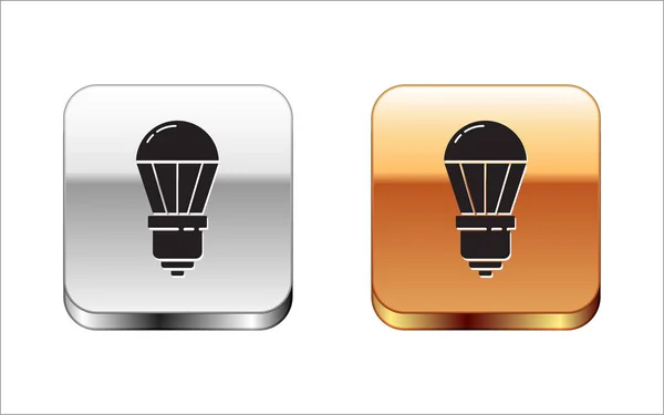 Schwarzes LED-Glühbirnen-Symbol isoliert auf weißem Hintergrund. Sparsame LED-Leuchtmittel. Energiesparlampen sparen. Silber-Gold quadratischer Knopf. Vektorillustration — Stockvektor