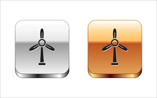 Black Wind turbin ikon isolerad på vit bakgrund. Vindgeneratorskylt. Väderkvarn för elproduktion. Silver-guld fyrkantig knapp. Vektor Illustration — Stock vektor