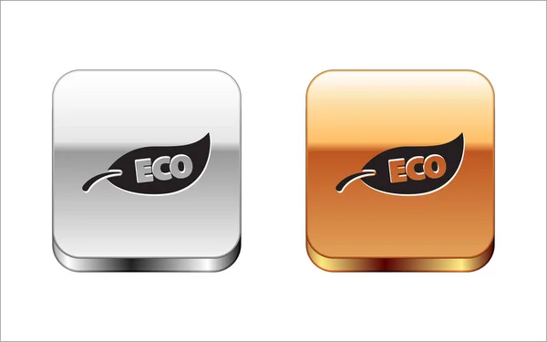 Ícone de símbolo Black Leaf Eco isolado no fundo branco. Banner, etiqueta, etiqueta, logotipo, adesivo para verde eco. Botão quadrado prata-ouro. Ilustração vetorial —  Vetores de Stock