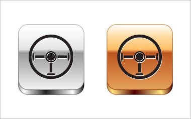 Siyah direksiyon simgesi beyaz arkaplanda izole edilmiş. Araba tekeri ikonu. Gümüş-altın kare düğme. Vektör İllüstrasyonu